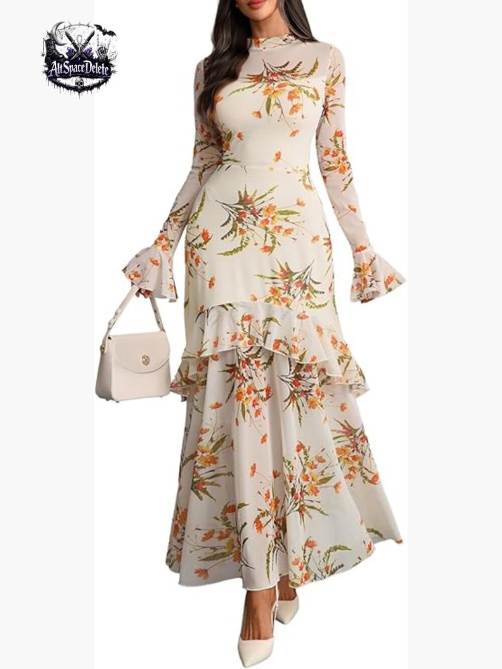 Floral Maxi Dress Sheer Mesh Bell Sleeve Tiered Ruffle Gothic Romantic